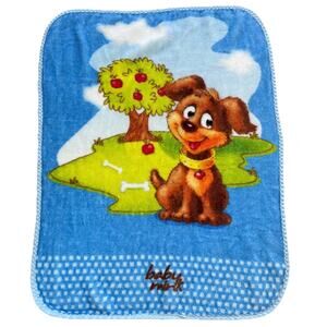 Vintage Baby Mink Plush Blanket Blue Brown Dog Apple Tree Polka Dot Puppy Fleece